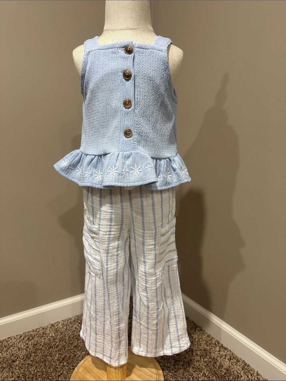 Baby/Toddler Light Blue Knit Top & Cream-Blue Striped Pants Matching Set
